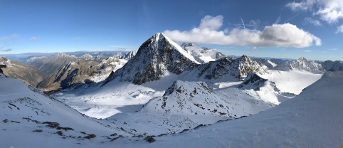 View of the 3,333 meter high Schaufelspitze peak and some of Stubai's glacier ski area from the top of the Wildspitz chairlift